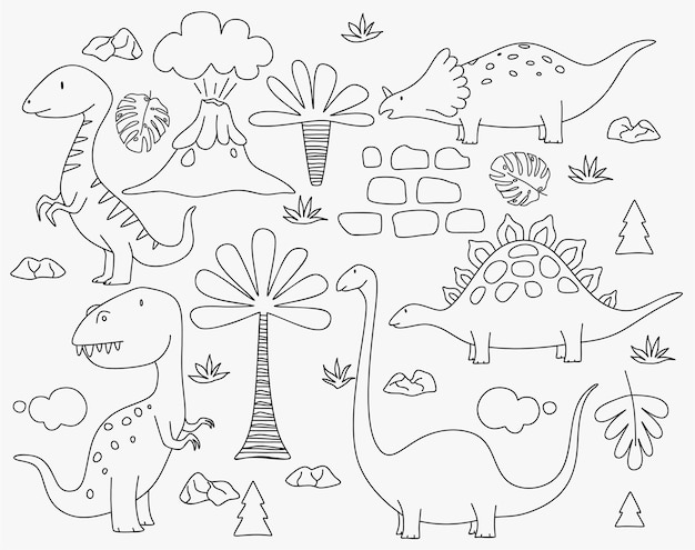 Cute dinosaurs and tropic plants