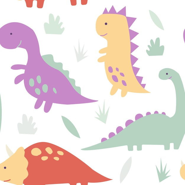 Cute dinosaurs tropical plantsFunny cartoon dinosaurs seamless pattern