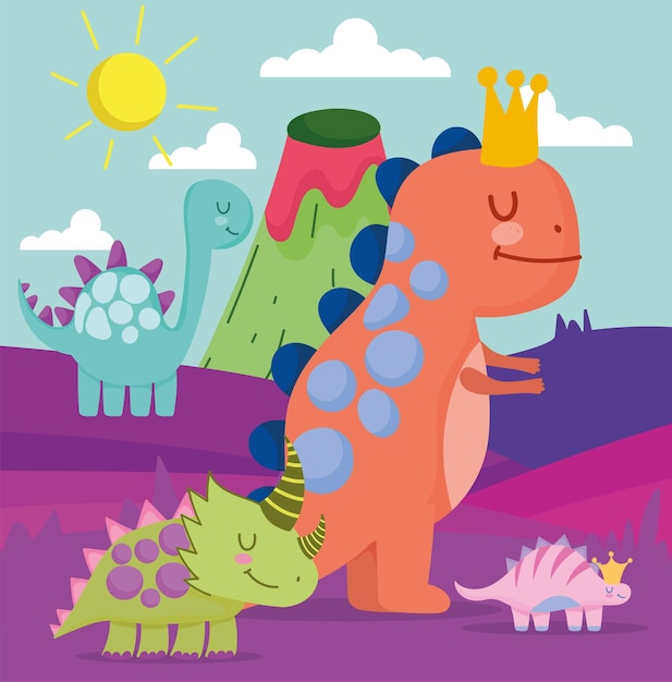 Cute dinosaurs with landscape