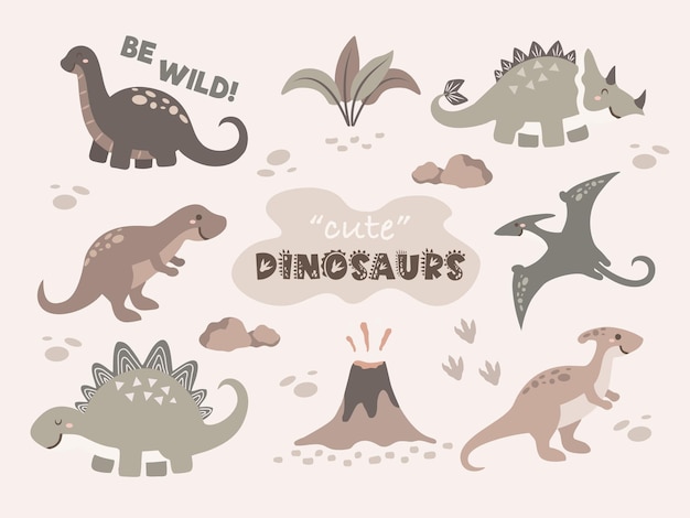 Cute Dinosaurs with volcano vector set in cartoon style Funny cartoon characters dino is ideal for