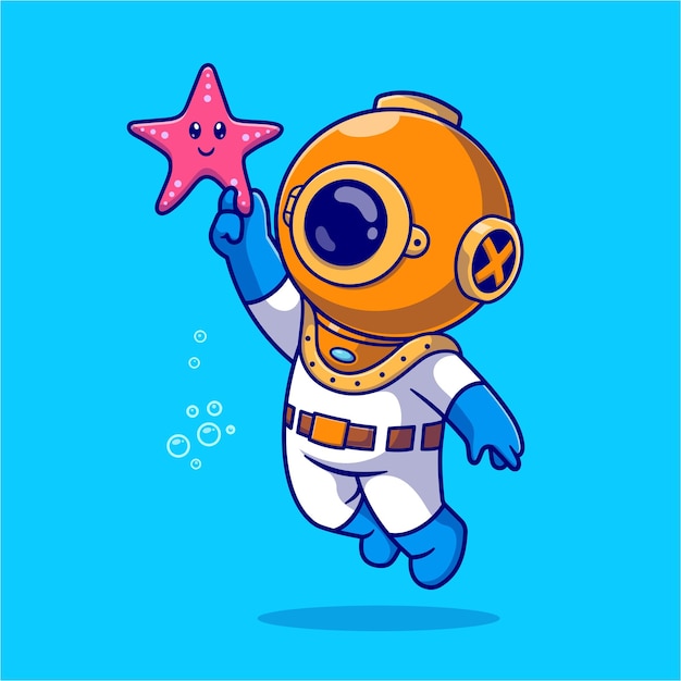 Cute Diver Catching Cute Starfish Cartoon Vector Icon Illustration. Science Nature Icon Isolated