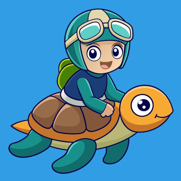 Vector cute diver riding turtle in sea cartoon vector icon illustration science animal icon concept isolated premium vector flat cartoon style