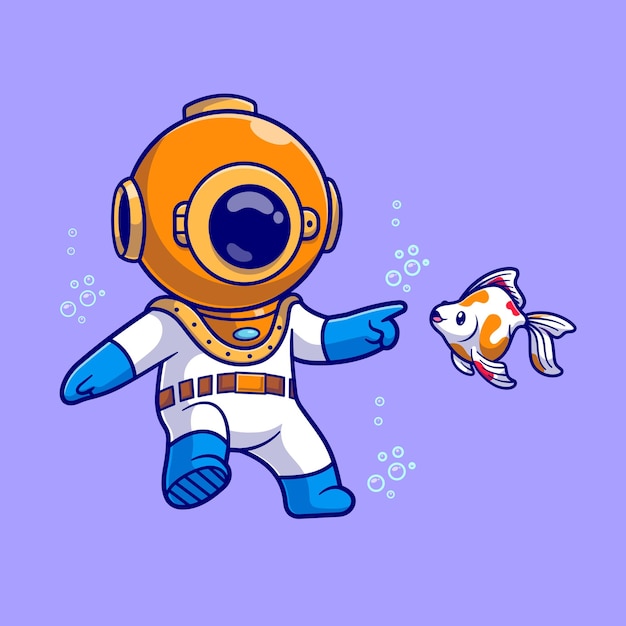 Cute Diver Swimming With Fish In Ocean Cartoon Vector Icon Illustration. Science Animal Isolated