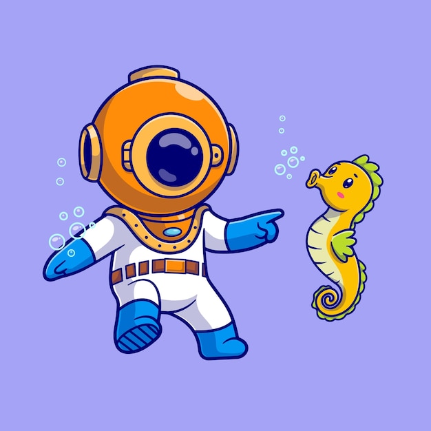 Cute Diver Swimming With Seahorse In Ocean Cartoon Vector Icon Illustration. Science Animal Isolated