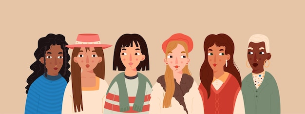 Cute diverse women portraits in modern flat style Happy International Womens Day banner Equality diversity and sisterhood concept Feminism and girl power Vector illustration