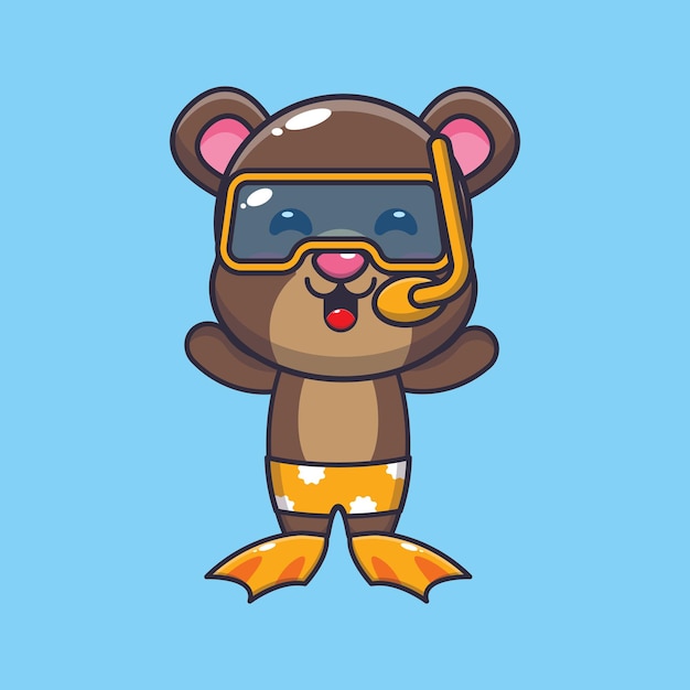 Cute diving bear cartoon mascot character illustration