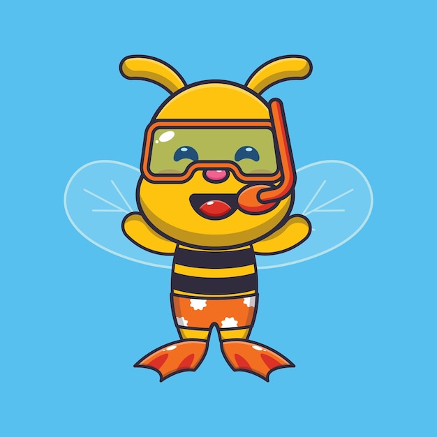 Cute diving bee cartoon mascot character illustration