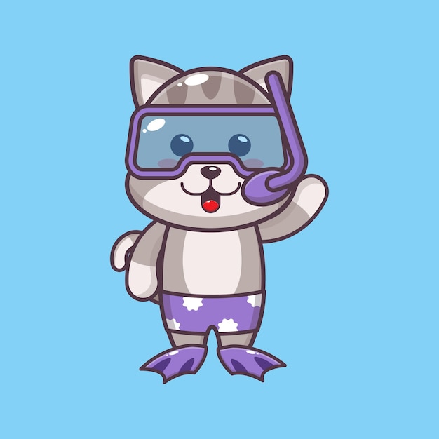 Cute diving cat cartoon mascot character illustration