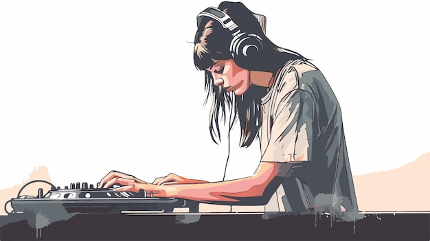 Cute DJ Woman at Console Mixed Media Handdrawn Vector Illustration