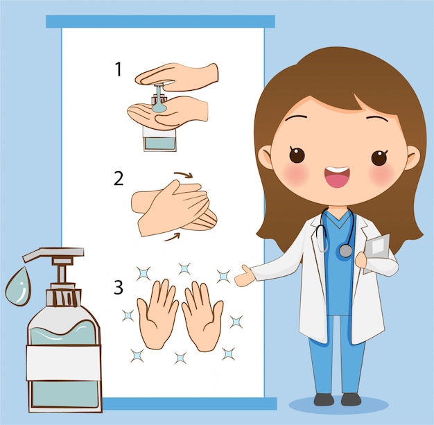 The cute doctor explains how to washing/cleaning hand with alcohol gel to prevent the virus