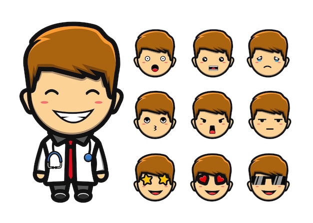 cute doctor in many expression set mascot cartoon