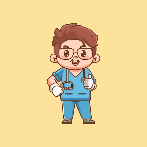 Cute doctor medical personnel thumbs up character kawaii chibi character mascot illustration