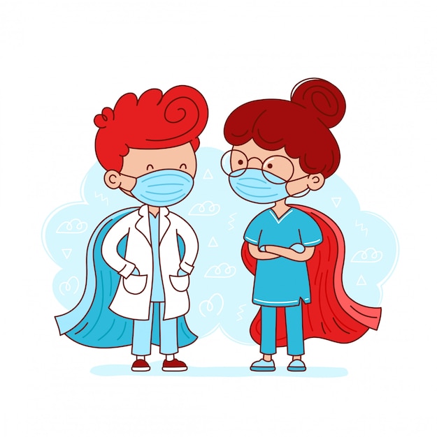 Vector cute doctor and nurse with medical masks and super hero capes. cartoon character flat line illustration. superhero medical healtcare workers concept. isolated on white background