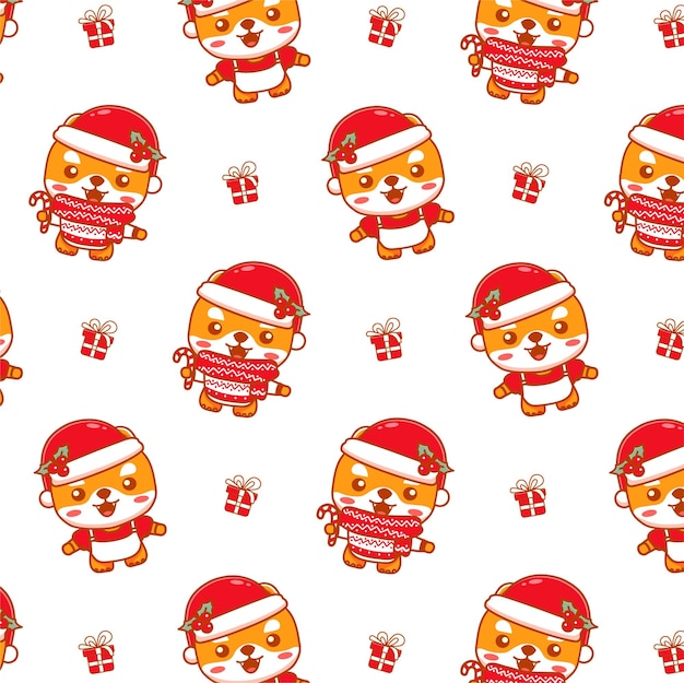 Cute dog animal christmas seamless doodle pattern