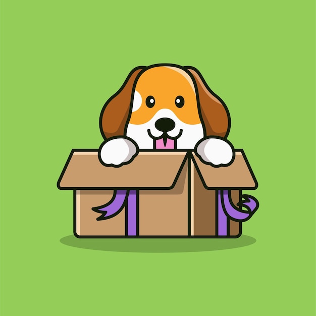 Cute dog in box vector icon illustration with cartoon style