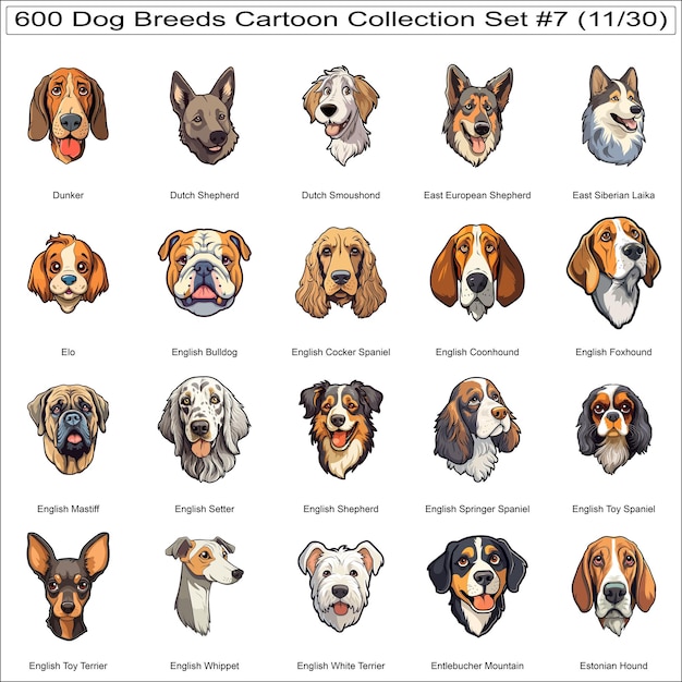 Vector cute dog breeds cartoon characters sticker bundle collection set 7 of 600 dog faces part 11