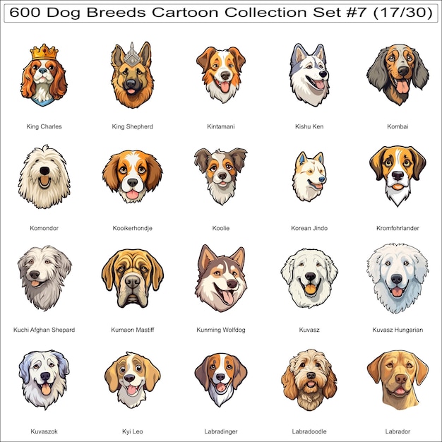 Cute Dog Breeds Cartoon Characters Sticker Bundle Collection Set 7 of 600 Dog Faces Part 17