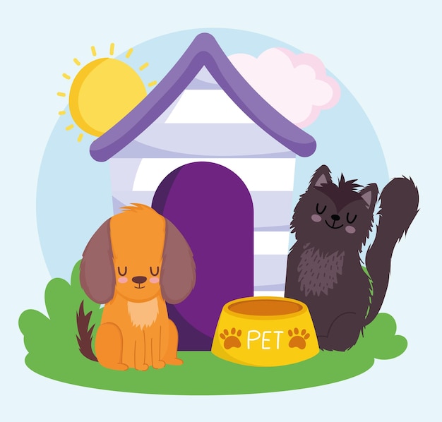 Cute dog and cat with wooden house food pets vector illustration