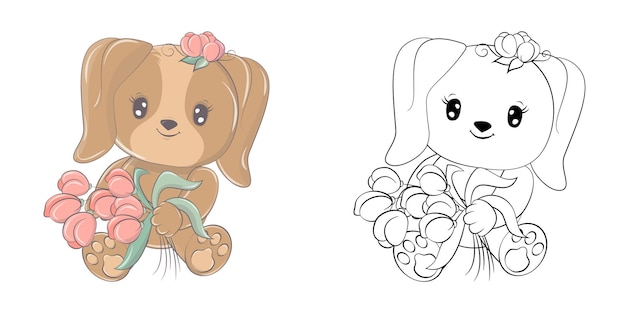 Cute Dog Clipart for Coloring Page and Illustration.  Funny Animal Illustration with a Bouquet