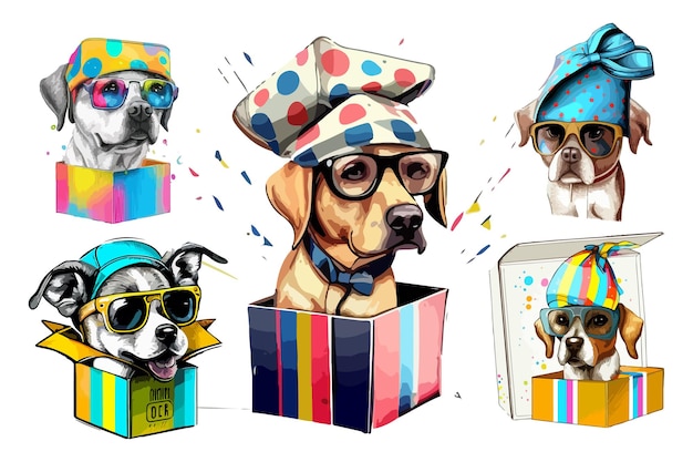 Cute dog in a coloring gift box, wearing sunglasses, wearing funny cap with vector illustration set