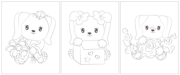 Cute dog coloring page. Set of three pages for a coloring book.