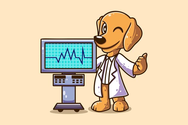 Vector cute dog doctor with electrocardiography vector cartoon