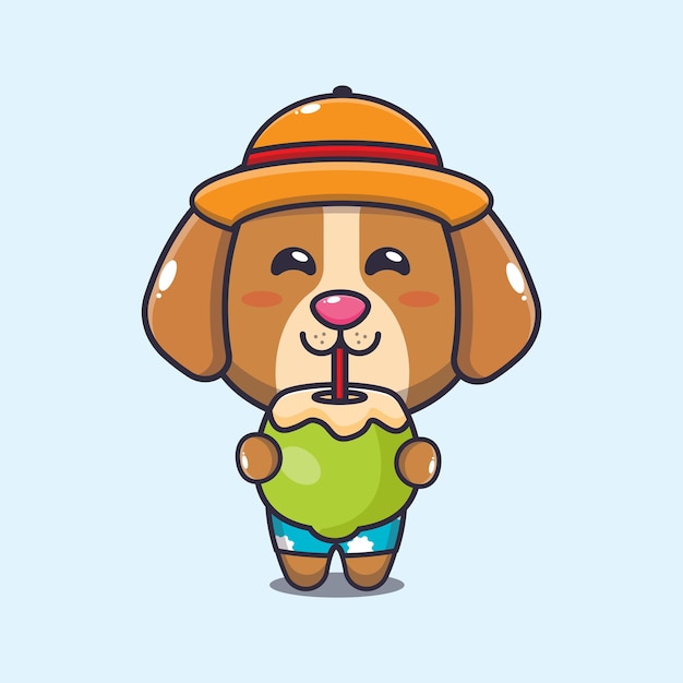 Cute dog drink fresh coconut cartoon illustration.