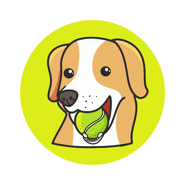 Cute dog eating tennis ball cartoon hand drawn illustration.