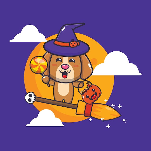 Cute dog fly with broom in halloween night. 
Cute halloween cartoon illustration.