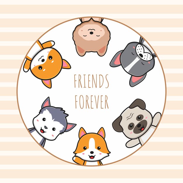 Vector cute dog friends forever card doodle cartoon illustration flat cartoon style