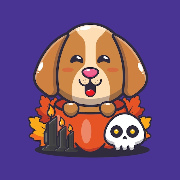 Cute dog in halloween pumpkin. 
Cute halloween cartoon illustration.