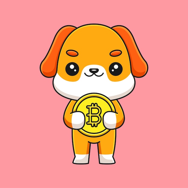 Cute dog holding bitcoin cartoon mascot doodle art hand drawn outline concept vector kawaii icon illustration