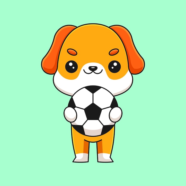 Cute dog holding soccer ball cartoon mascot doodle art hand drawn concept vector kawaii icon illustration