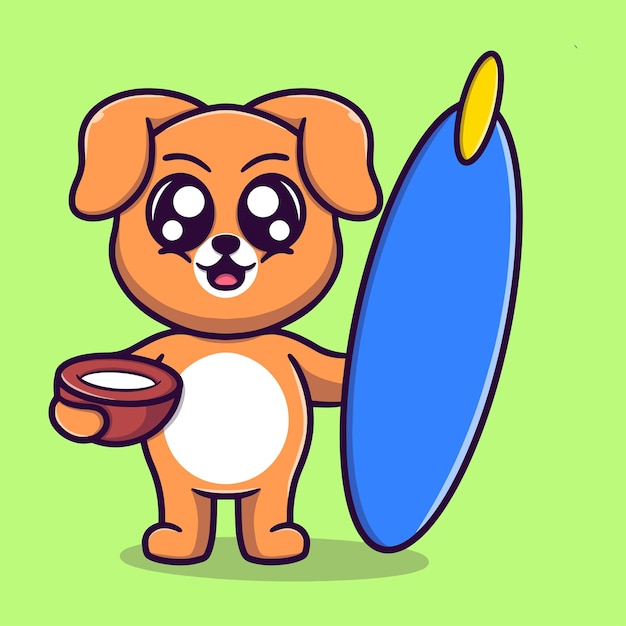 Cute dog holding surfboard and coconut cartoon vector icon illustration