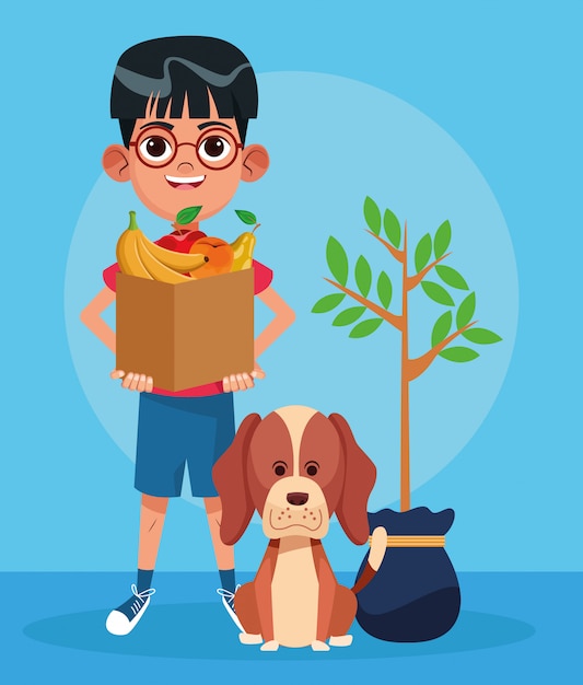 Cute dog, plant and cartoon boy holding a paper bag with fruits