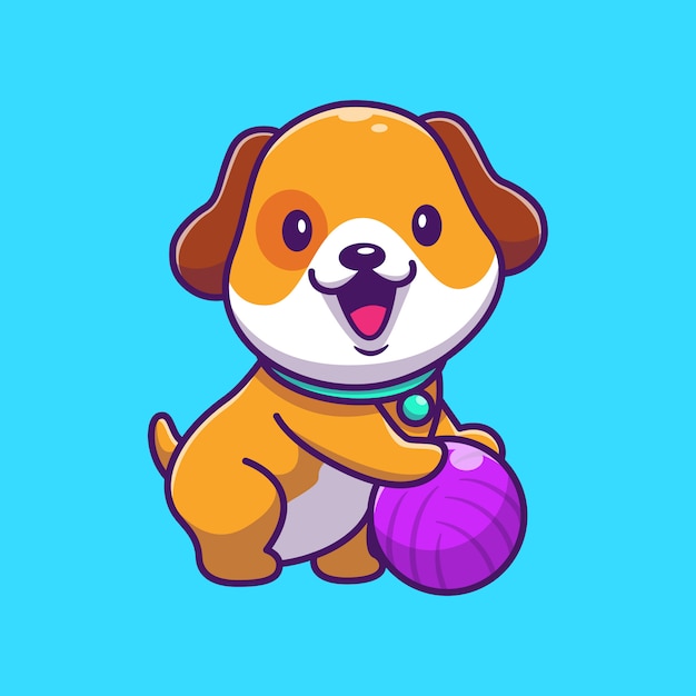 Cute Dog Playing Ball   Icon Illustration. Puppy Dog Mascot Cartoon Character. Animal Icon Concept Isolated