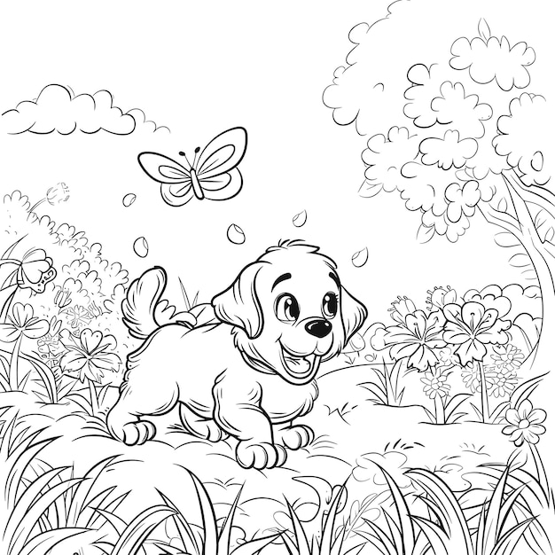 A Cute Dog Playing With A Butterfly Coloring Pages Vector