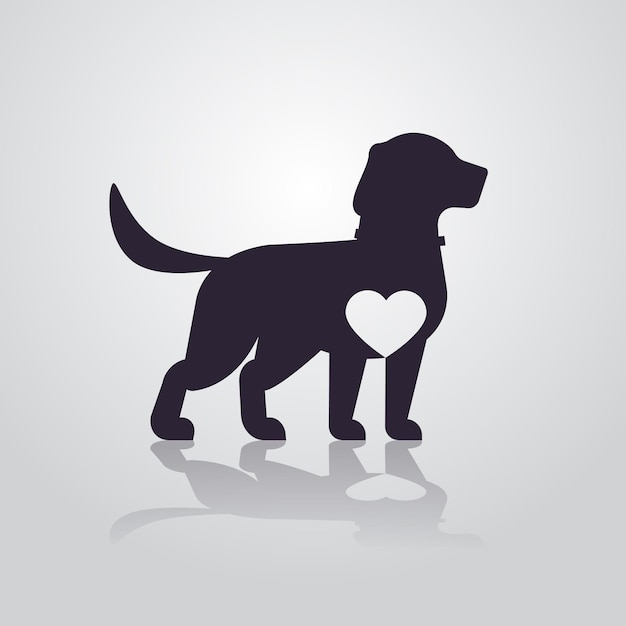 Cute dog silhouette with white heart cartoon animal isolated full length