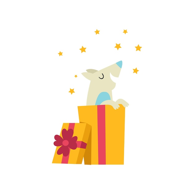 Cute dog sitting in a gift box funny cartoon animal character at birthday party vector Illustration isolated on a white background