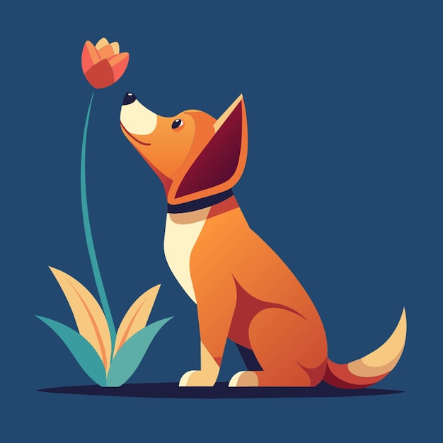 Vector cute dog sniffing a flower vector illustration flat 2