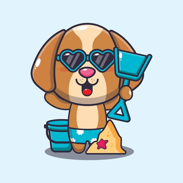 Cute dog in sunglasses play sand beach cartoon illustration.