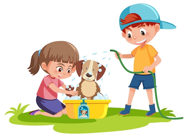 Cute dog take a bath with kids on white background