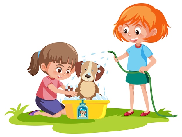 Cute dog take a bath with two little girl