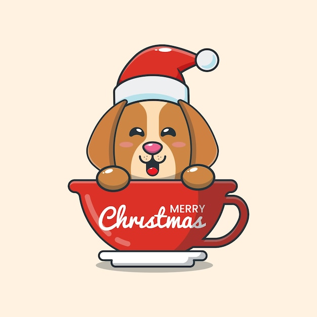 Cute dog wearing santa hat in cup Cute christmas cartoon illustration