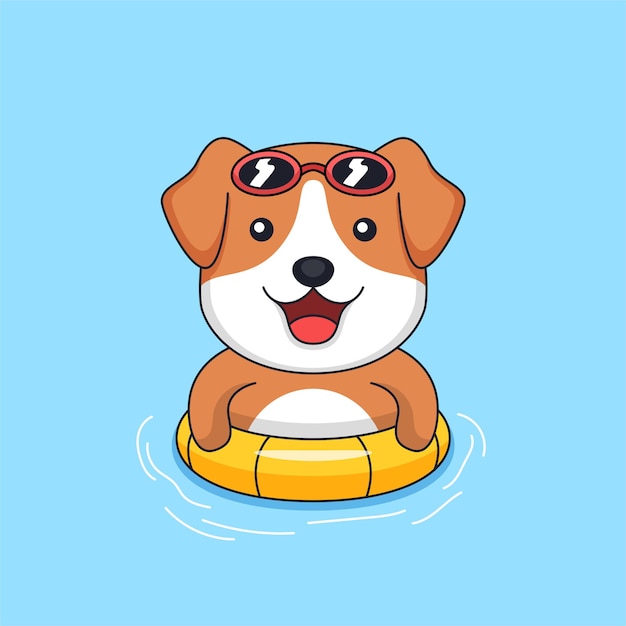 cute dog wearing sunglasses and floating tire on swimming pool animal mascot cartoon illustration