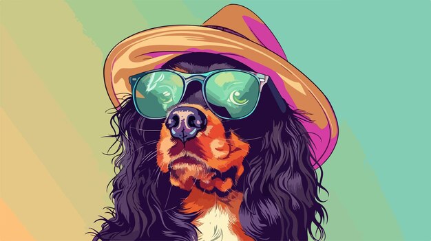 Vector cute dog wearing wig and hat on colorful background vector illustration