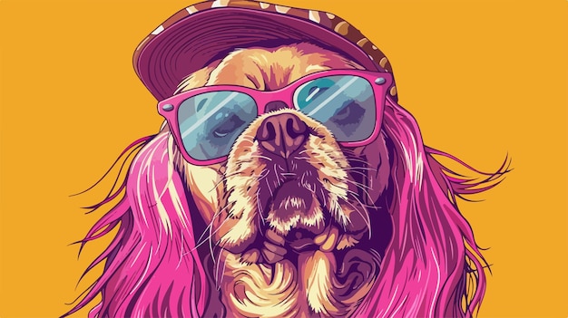 Cute Dog Wearing Wig and Hat on Colorful Background Vector Illustration