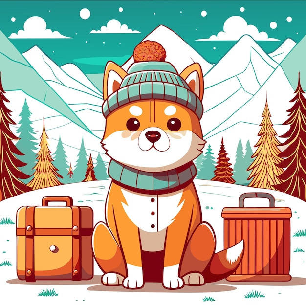 A cute dog in winter attire with luggage in a snowy landscape