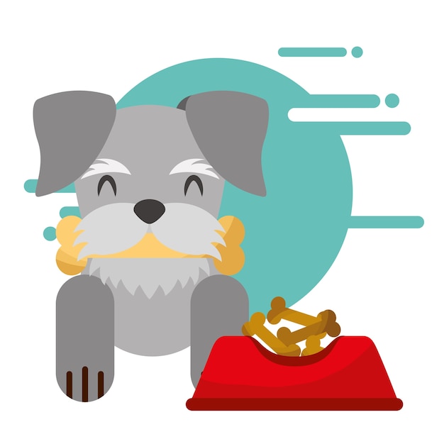 Vector cute dog with bone in mouth bowl food