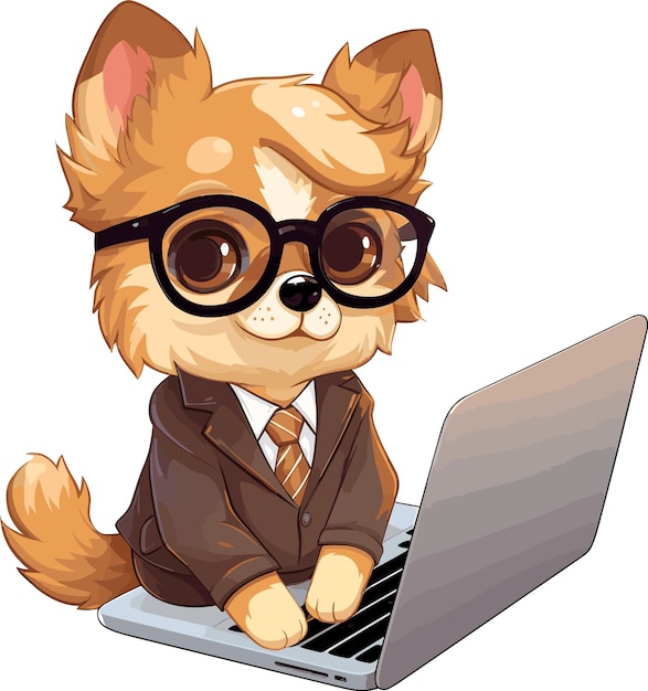 Cute dog with glasses sitting on a laptop Vector illustration